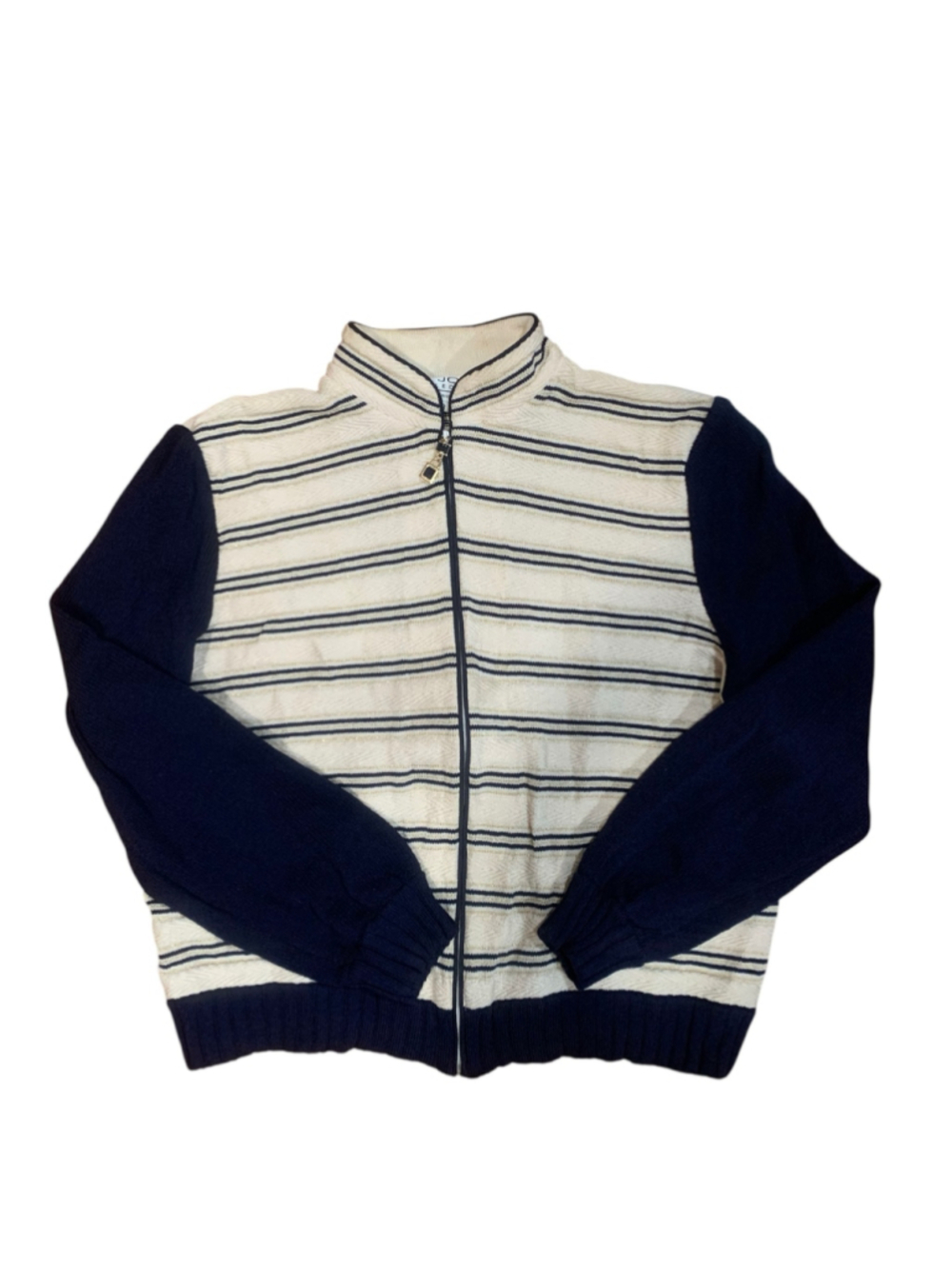 Women's St. John Collection Striped Cardigan Size 8 Beige Navy Blue-flawed